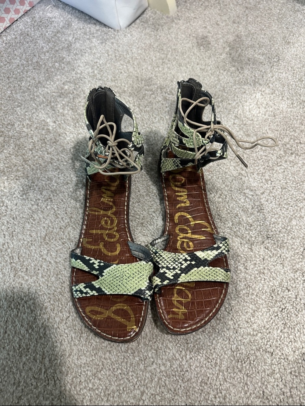 Sam Edelman Snake-Print Lace-Up Sandals in Green and Black